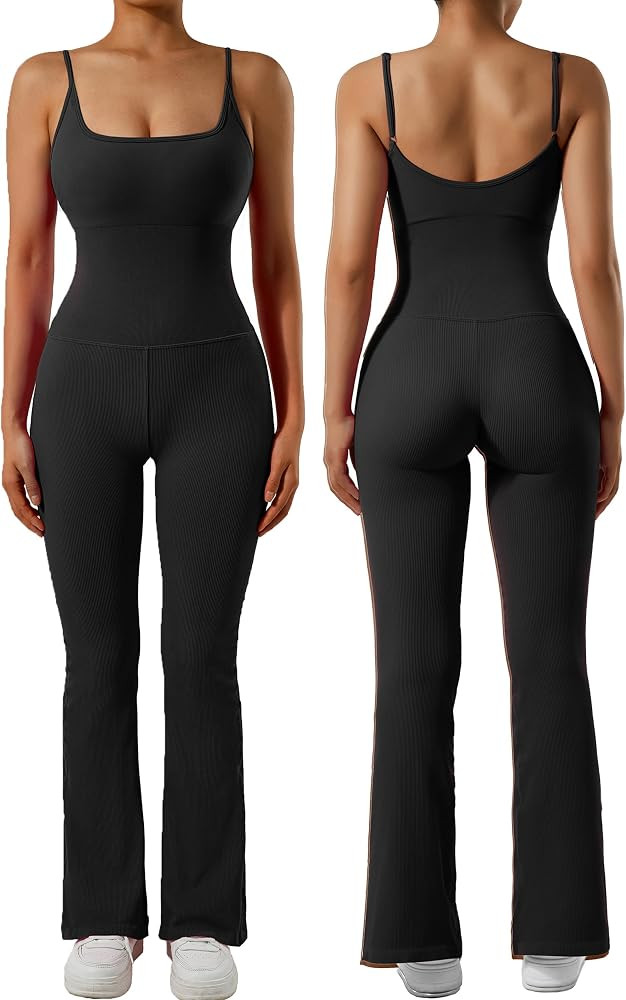 SUUKSESS Women Ribbed Flare One Piece Jumpsuits Seamless Padded Sexy Jumpsuit | Amazon (US)