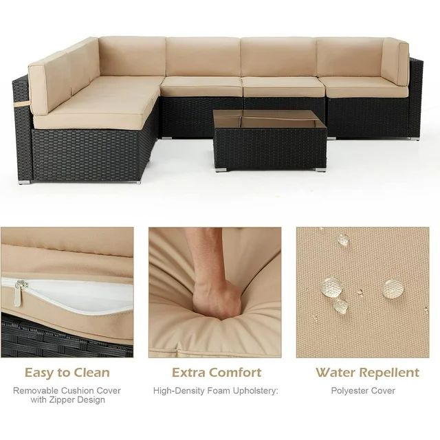YODOLLA 7-Piece Outdoor Furniture Set, Black Rattan Wicker Sectional Sofa Couch Patio Conversatio... | Walmart (US)