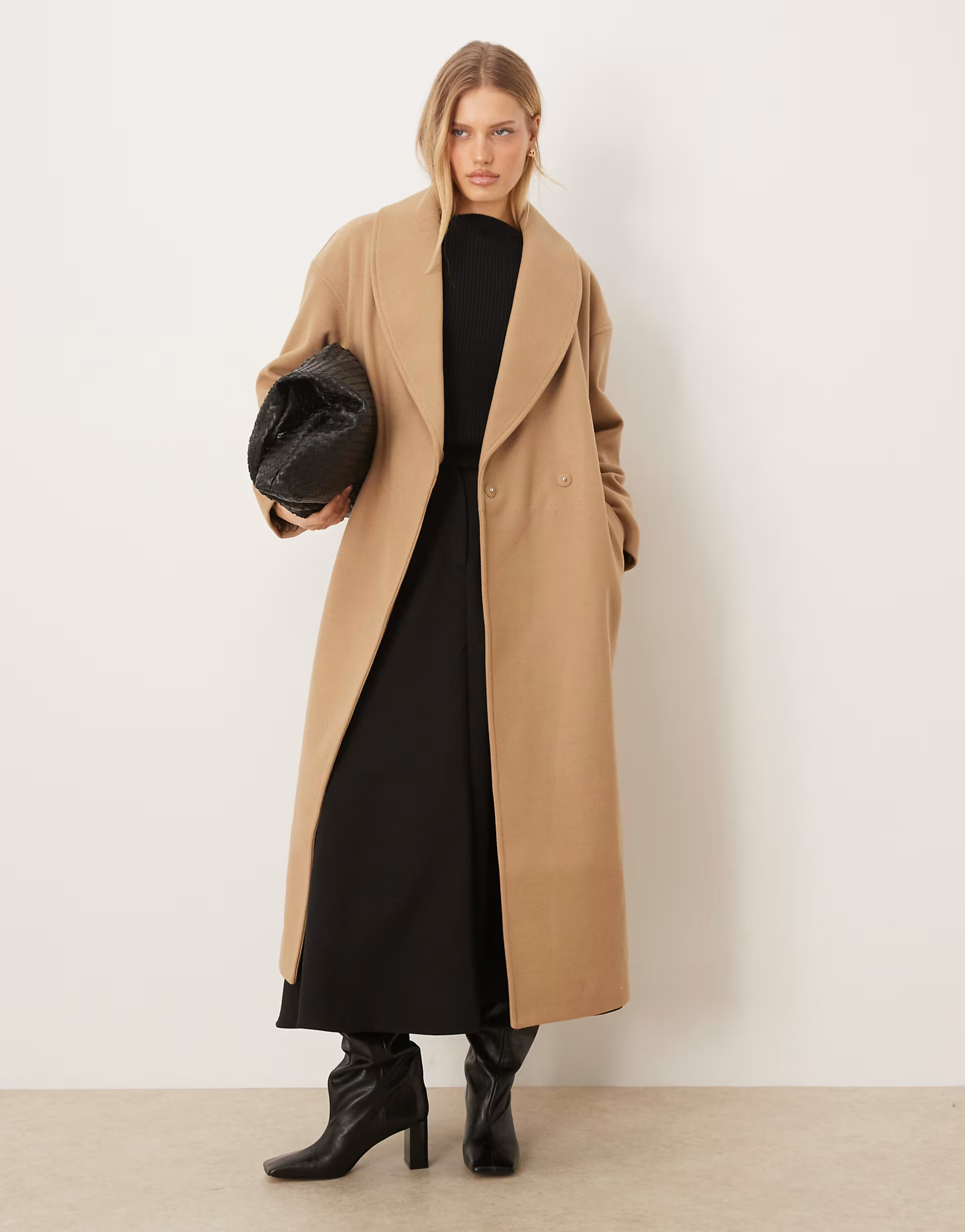 Gina Tricot shawl collar long midi coat in black | ASOS (Global)