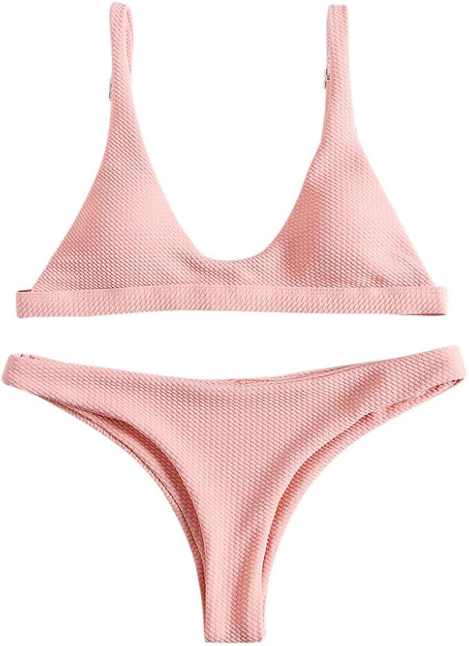 ZAFUL Women Padded Scoop Neck 2 Pieces Push Up Swimsuit Revealing Thong Bikinis V Bottom Style Br... | Amazon (US)