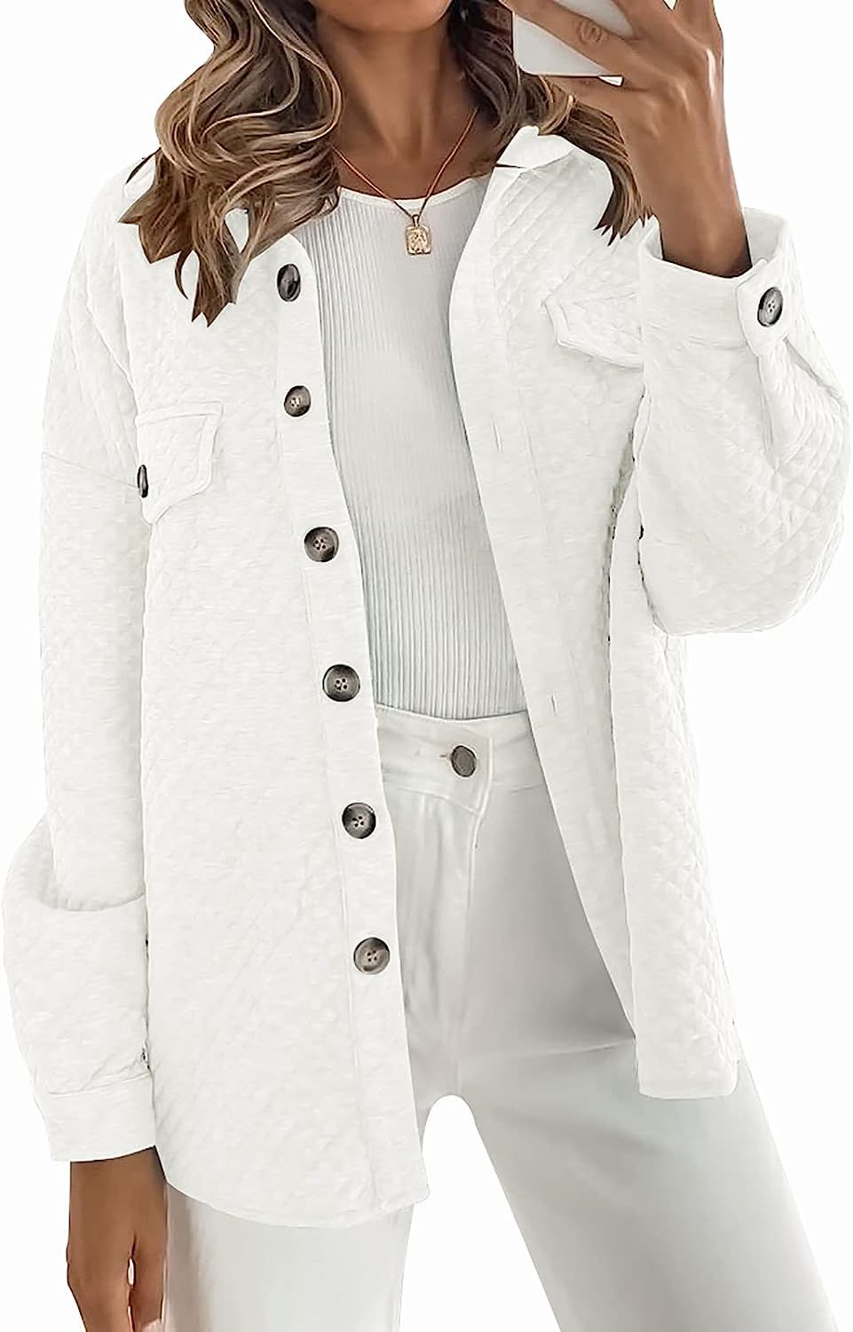 MUXERI Women's Long Sleeve Button Down Diamond Soft Lightweight Shacket Shirt Jacket Coat Outwear... | Amazon (US)