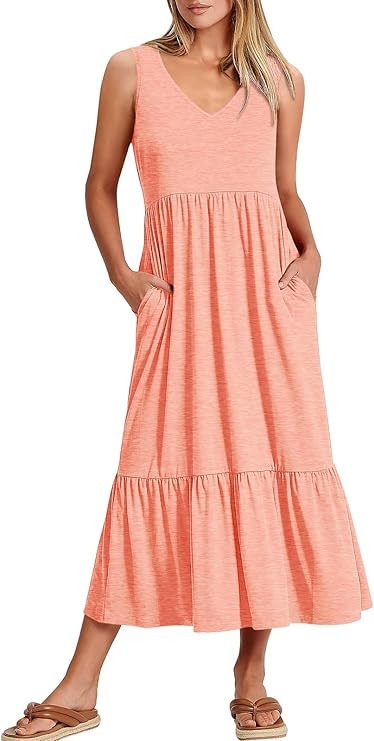 ANRABESS Women Summer Maxi Dresses A-line Tiered Flowy V Neck Sleeveless Swing 2026 Casual Beach ... | Amazon (US)