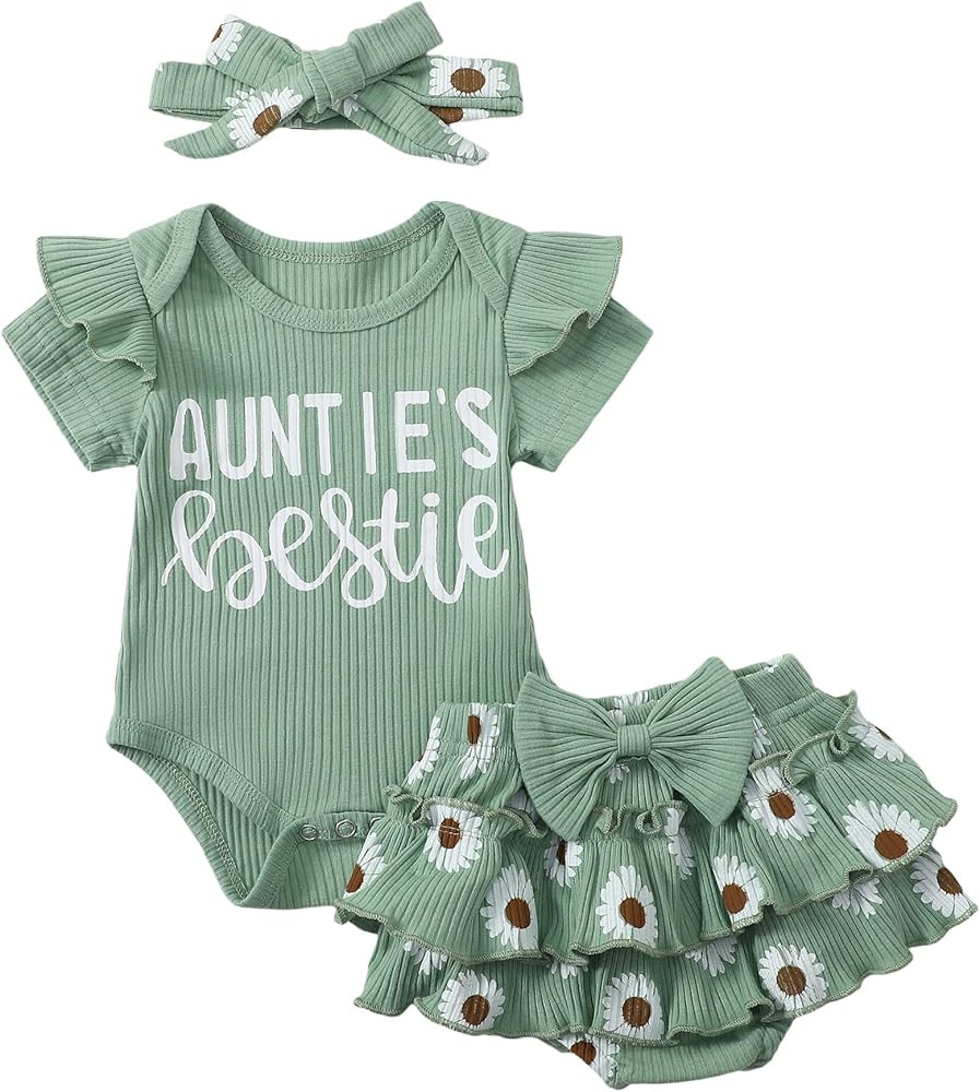 Aunties Bestie Baby Girl Clothes Aunt Saying Letter Romper Tiered Ruffle Daisy Skirt Skort Newbor... | Amazon (US)
