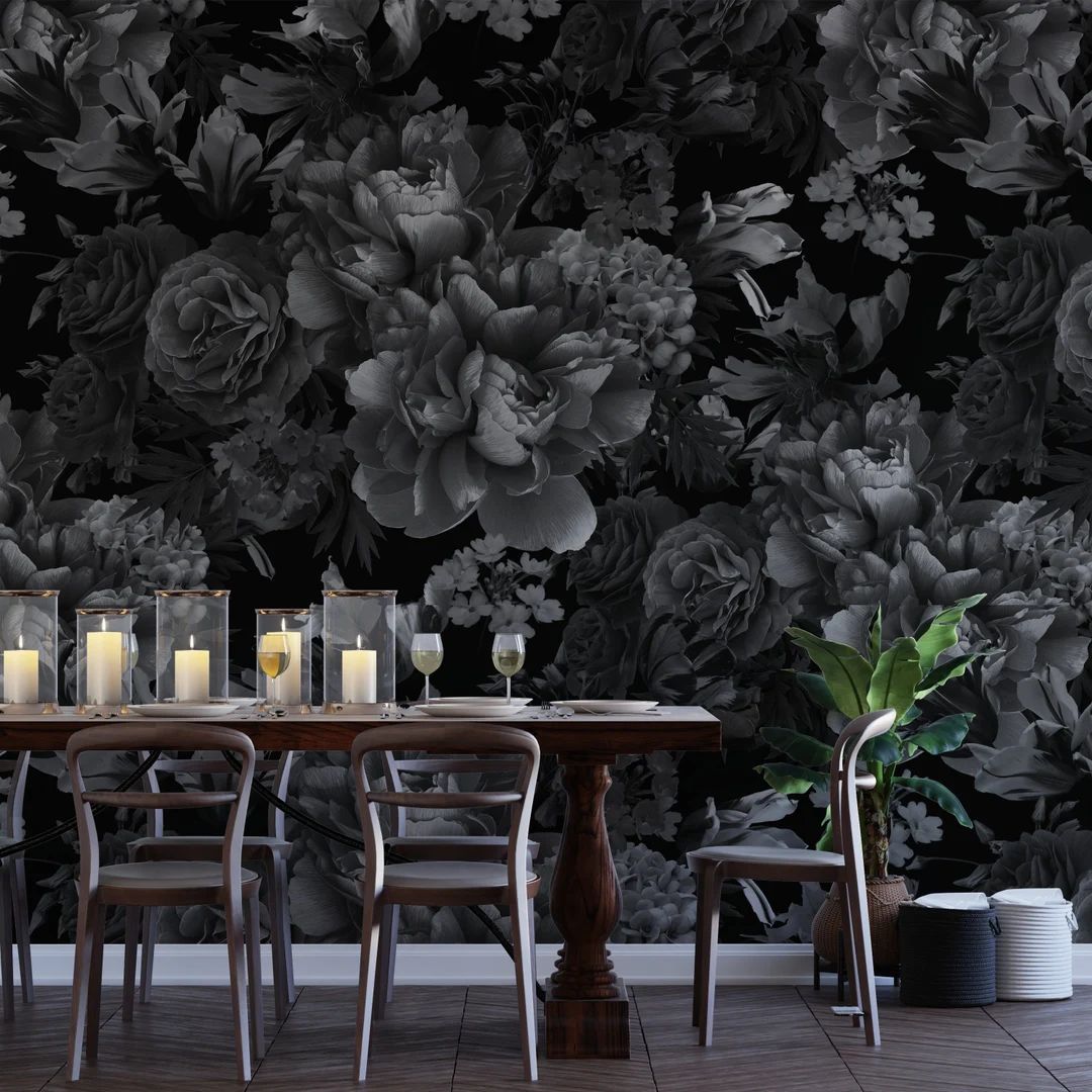 Midnight Dark Gray Floral Peel and Stick Wallpaper, Large Bedroom Floral Wallpaper, Black Grey Pe... | Etsy (US)