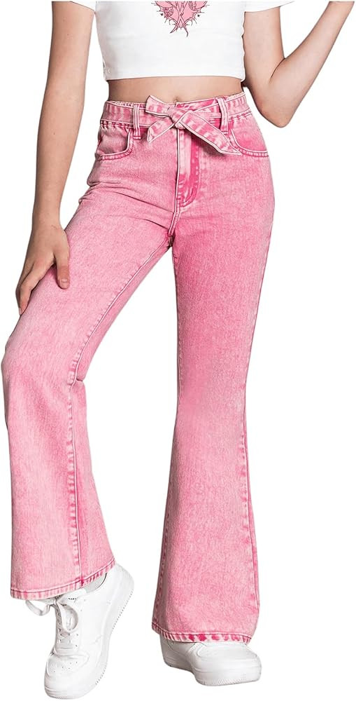 WDIRARA Girl's High Waist Flare Leg Jeans Washed Belted Y2k Denim Pants with Pockets | Amazon (US)