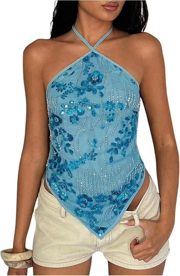 OYOANGLE Women's Sequin Sparkly Halter Top Tie Backless Asymmetrical Hem Beach Vacation Tank Tops | Amazon (US)