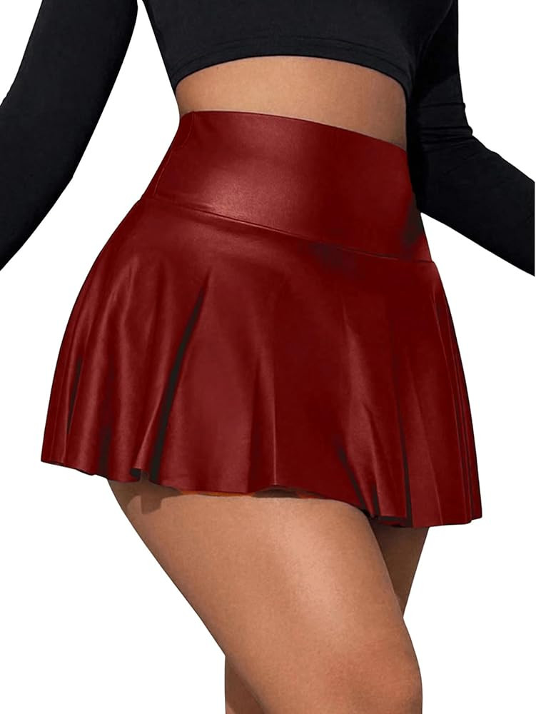 OYOANGLE Women's Pu Leather Elastic High Waist Skorts Ruffle Hem Casual Flared Skirt Shorts | Amazon (US)