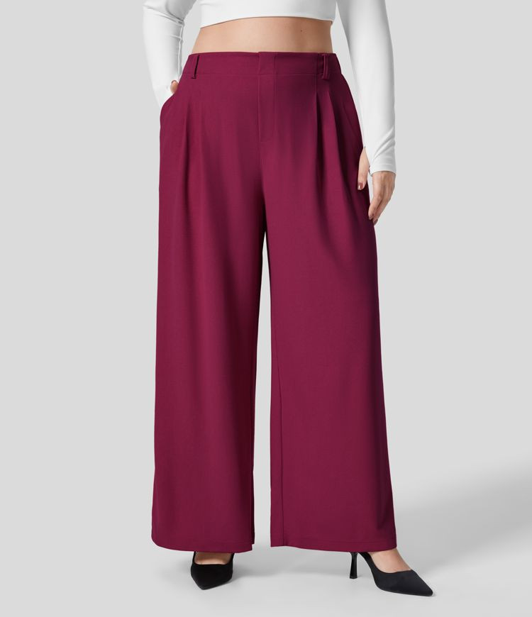 Women’s High Waisted Plicated Side Pocket Wide Leg Waffle Work Plus Size Pants - Halara | HALARA
