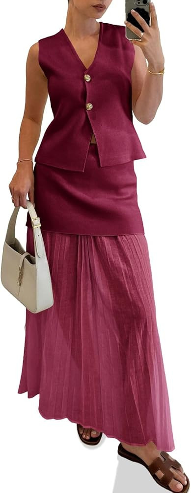 Cicy Bell Womens Summer 2 Piece Outfits V Neck Sleeveless Blazer Waistcoat and Mesh Maxi Skirt Su... | Amazon (US)