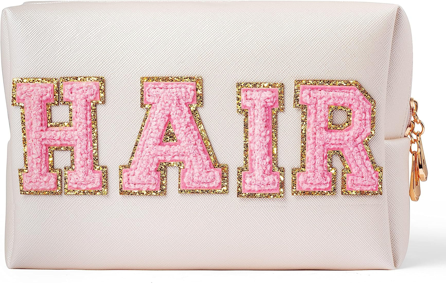 Y1tvei Preppy Patch HAIR Letter Cosmetic Toiletry Bag PU Leather Portable Makeup Bag Sewn with Fe... | Amazon (US)