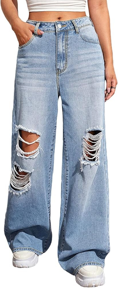 BestGirl Women's Baggy Jeans Pull On Stretchy Loose High Waisted Wide Leg Denim Pants Y2K 90s | Amazon (US)