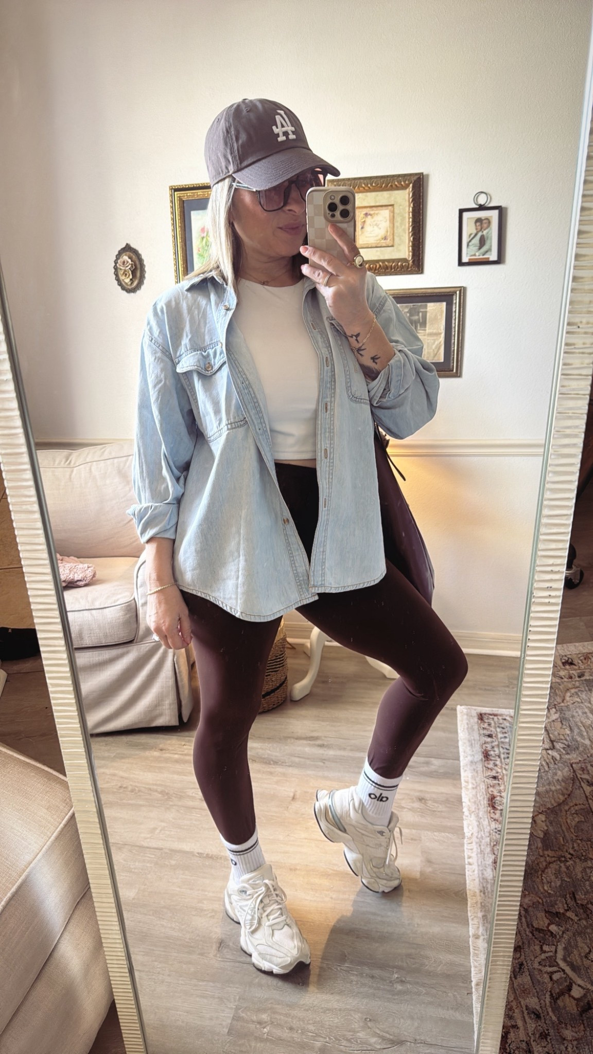 5’2 & 135lbs for size ref ✨ Errand-running fit today: lululemon brown leggings (so flattering & comfy), tall socks layered over, New Balance 9060 sneakers, an LA baseball hat, and a denim button-down for that easy casual vibe. Chic, effortless, and comfortable all in one. #LTKfit #LTKstyle #LTKunder50 #lululemonleggings #newbalance9060 #errandoutfit #momstyle #casualstyle #denimshirt 

#LTKSeasonal #LTKPetite #LTKActive