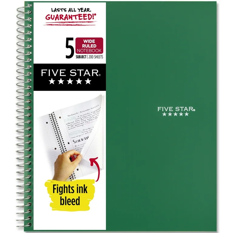 Five Star Spiral Notebook, 5 Subject, Wide Ruled, 10 1/2" x 8", Forest (930012CE1-WMT) | Walmart (US)