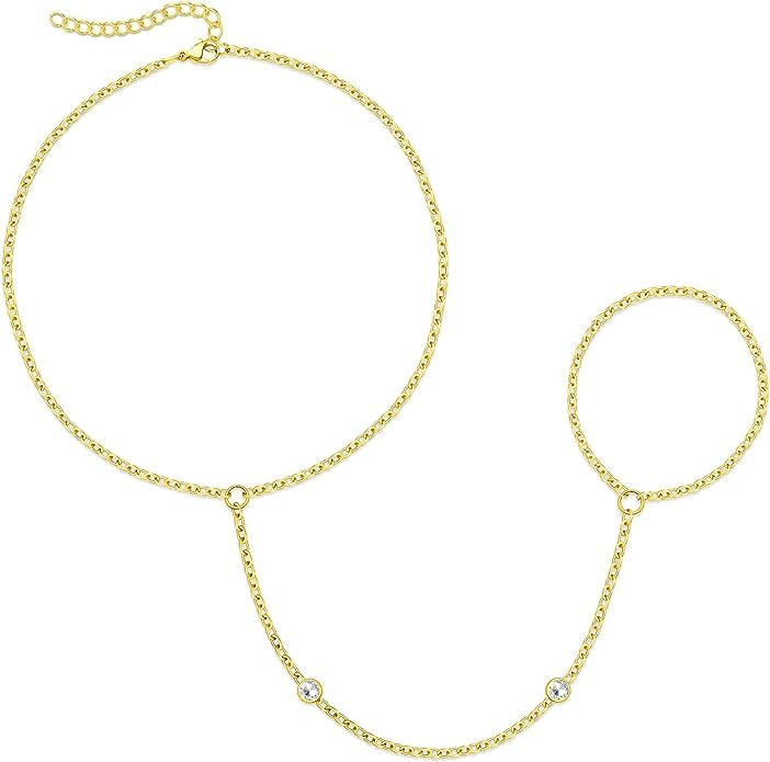Amazon.com: Gokeey Dainty Gold Ring Hand Chain Cubic Zirconia Bracelet Trendy 14K Gold Plated Han... | Amazon (US)