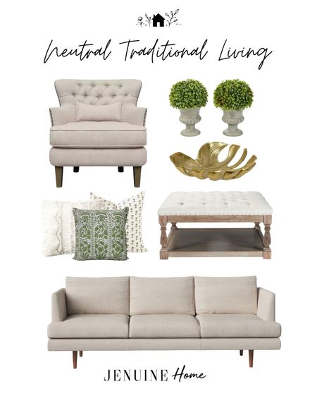 Neutral traditional living room. Faux topiary. Neutral sofa. Tufted coffee table. Green throw pillow. White throw pillow. Tasseled throw pillow. Neutral armchair. Gold leaf bowl decor  