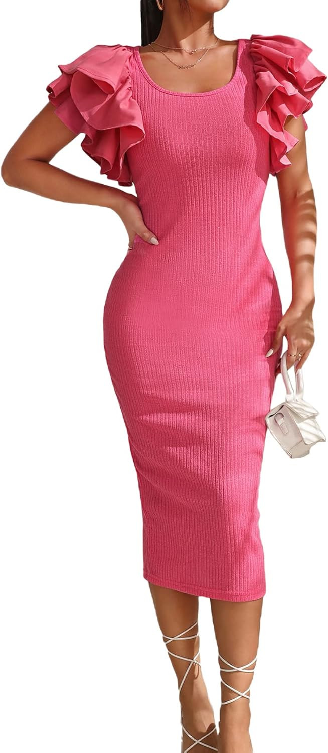 MakeMeChic Women's Ruffle Layered Cap Sleeve Scoop Neck Ribbed Bodycon Midi Dress | Amazon (US)