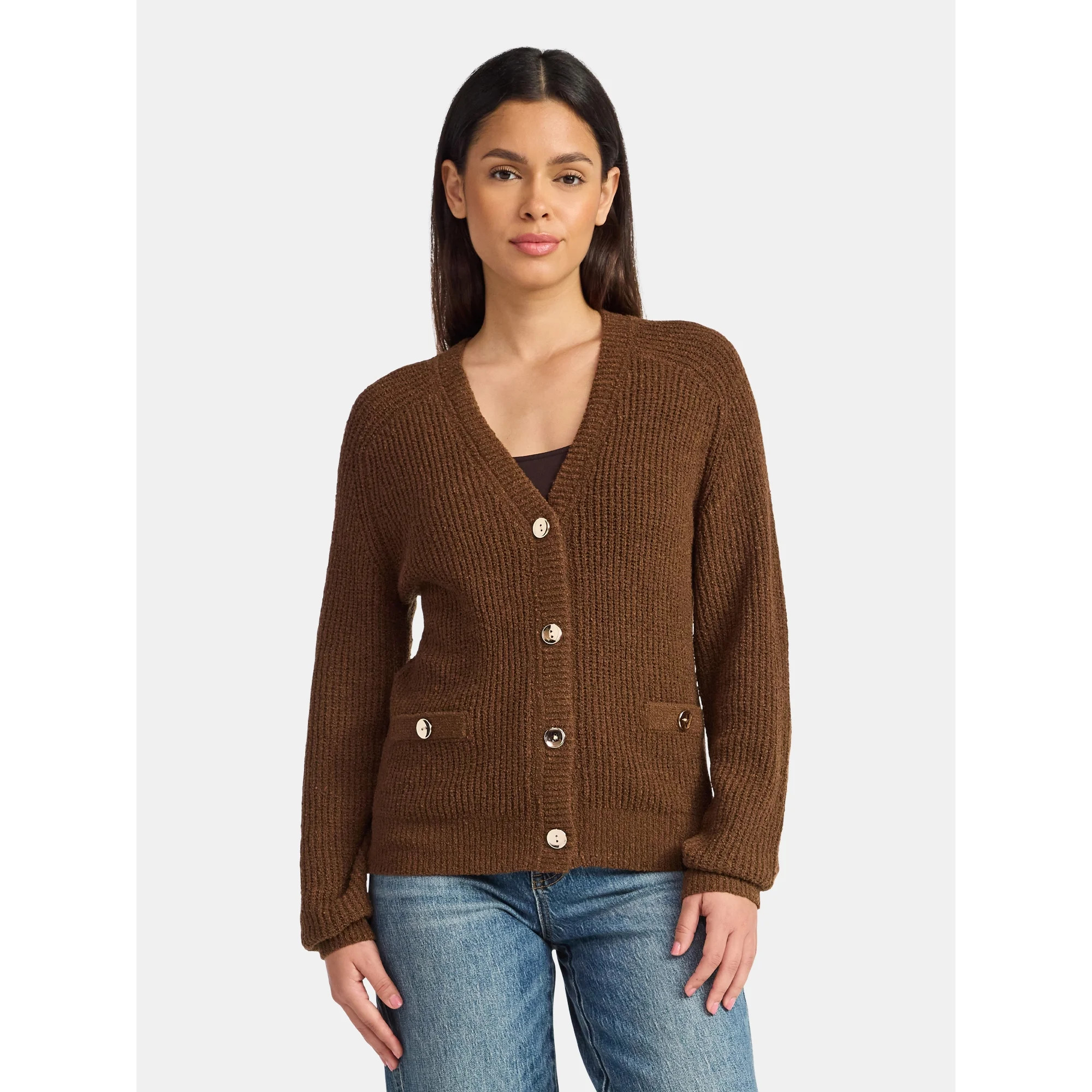 Time and Tru Women's V Neck Button Front Boucle Cardigan Sweater with Long Sleeves, Mid-weight, S... | Walmart (US)