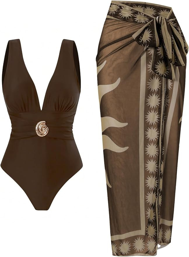 SherryDC One Piece Swimsuit with Cover up Wrap Skirt Sarong Floral Print Plunge V Neck Bathing Su... | Amazon (US)