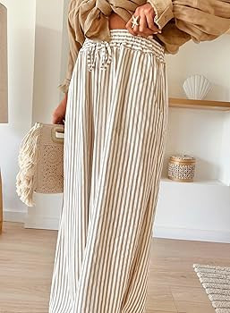 Acelitt Women Casual Drawstring Elastic Waist Striped Wide Leg Pants with Pockets, S-XXL | Amazon (US)
