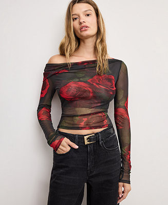 Women's Mesh Ruched Asymmetric Top, Regular and Plus Size | Macy's