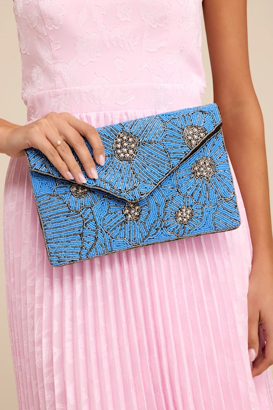 Alden Bright Blue Floral Beaded Clutch | Lulus