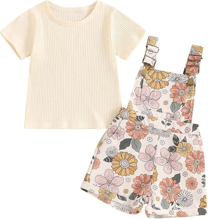 Toddler Baby Girls Summer Outfit Short Sleeve Ribbed Tops + Flower Suspender Overalls Shorts Set ... | Amazon (US)