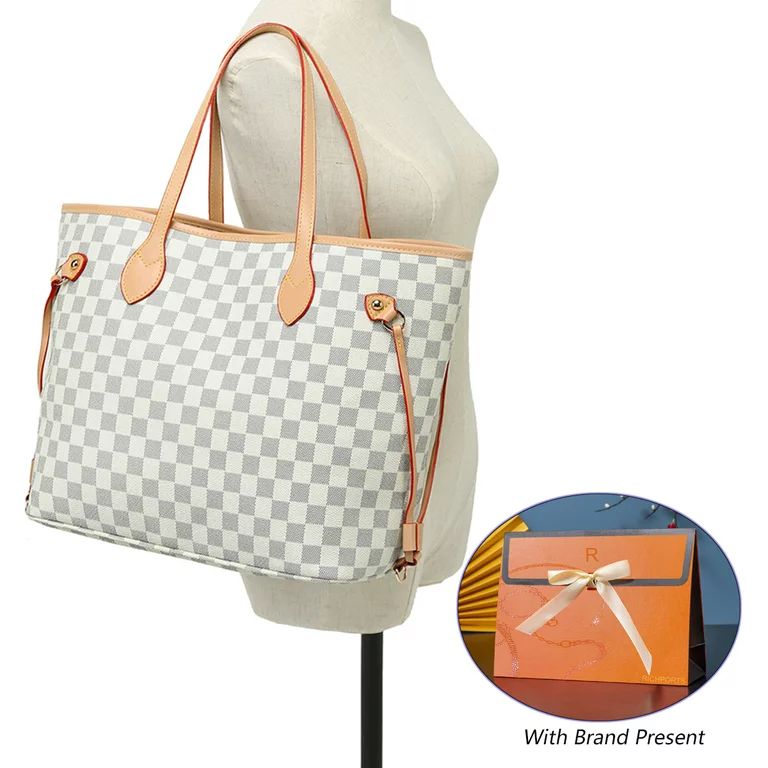 RICHPORTS Checkered Tote Shoulder Bag with inner pouch - PU Vegan Leather （White） | Walmart (US)