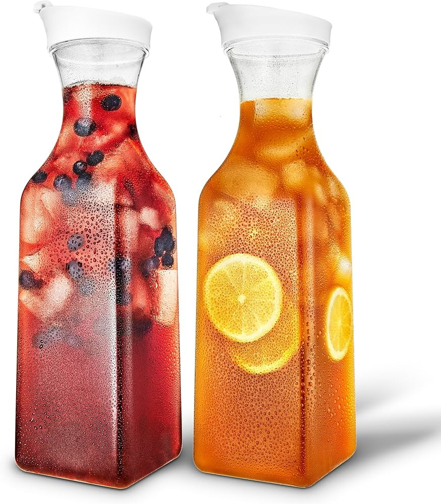 Plastic Juice Carafe with Lids (Set of 2) 50 oz Carafes for Mimosa Bar, Drink Pitcher with Lid, W... | Amazon (US)