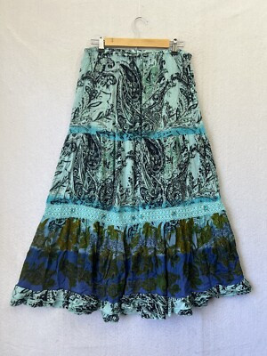 FORBIDDEN LOS ANGELES Womans M Tiered Maxi Long Blue Multi Floral Boho Skirt | eBay US