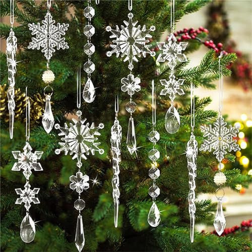 10 PCS Crystal Christmas Ornaments for Christmas Tree Decorations, Clear Hanging Acrylic Snowflake Icicle Ornaments with Drop Pendants Snowflakes Ornaments for Winter Christmas Tree Decorations | Amazon (US)