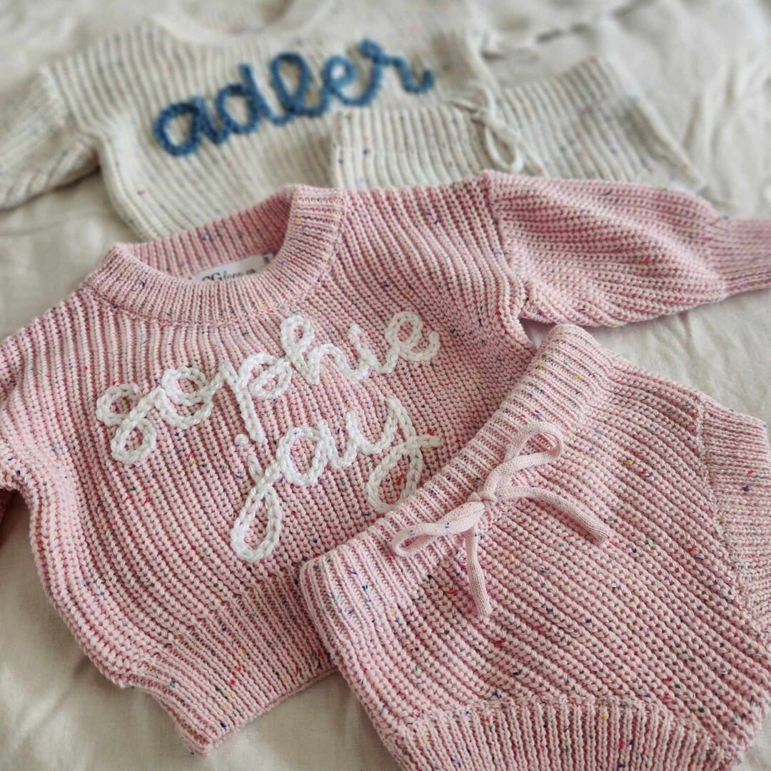NEWBORN Hand Embroidered Sweater Set, Custom Name Baby Sweater & Shorties, Personalized Birth Ann... | Etsy (US)