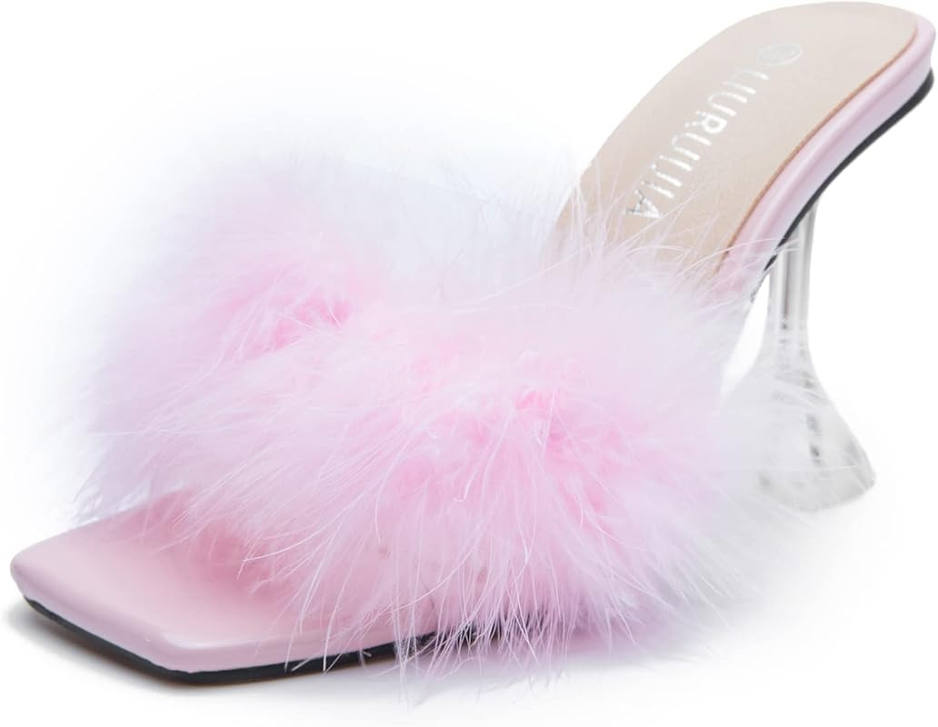 LIURUIJIA Women's Square Toe High Heel Mule Sandals Fuzzy Heels heels Wedding bridal Party Dress Sho | Amazon (US)