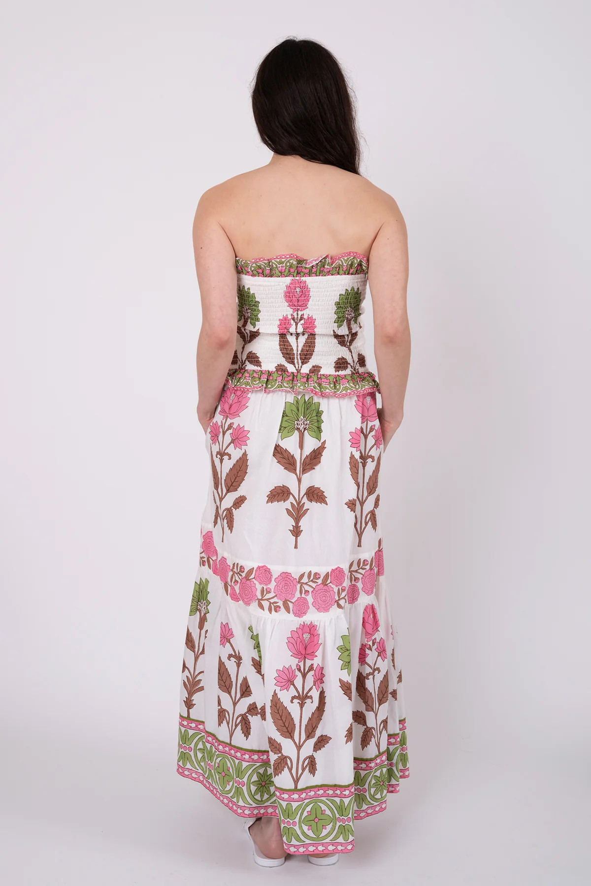 SUE SARTOR Flounce Smocked Waist Skirt | Pink/Peridot Dahlia | SUE SARTOR