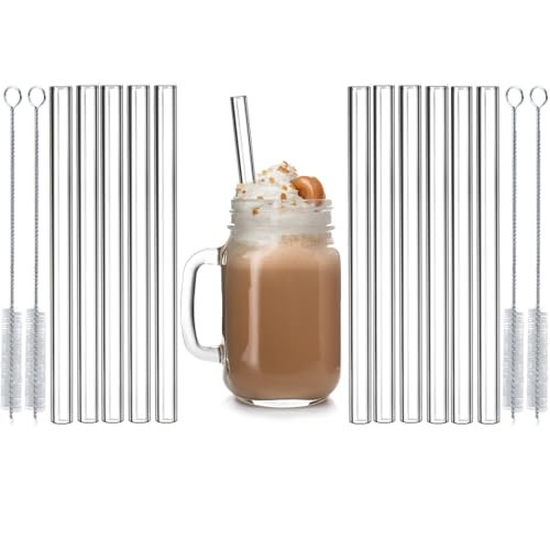 6 Inch 10mm Clear Glass Straws Shatter Resistant Set for Smoothies and Cocktails, Short Reusable Straws with Cleaner Brush, Eco-Friendly, Smooth Surface, Easy to Clean | Amazon (US)