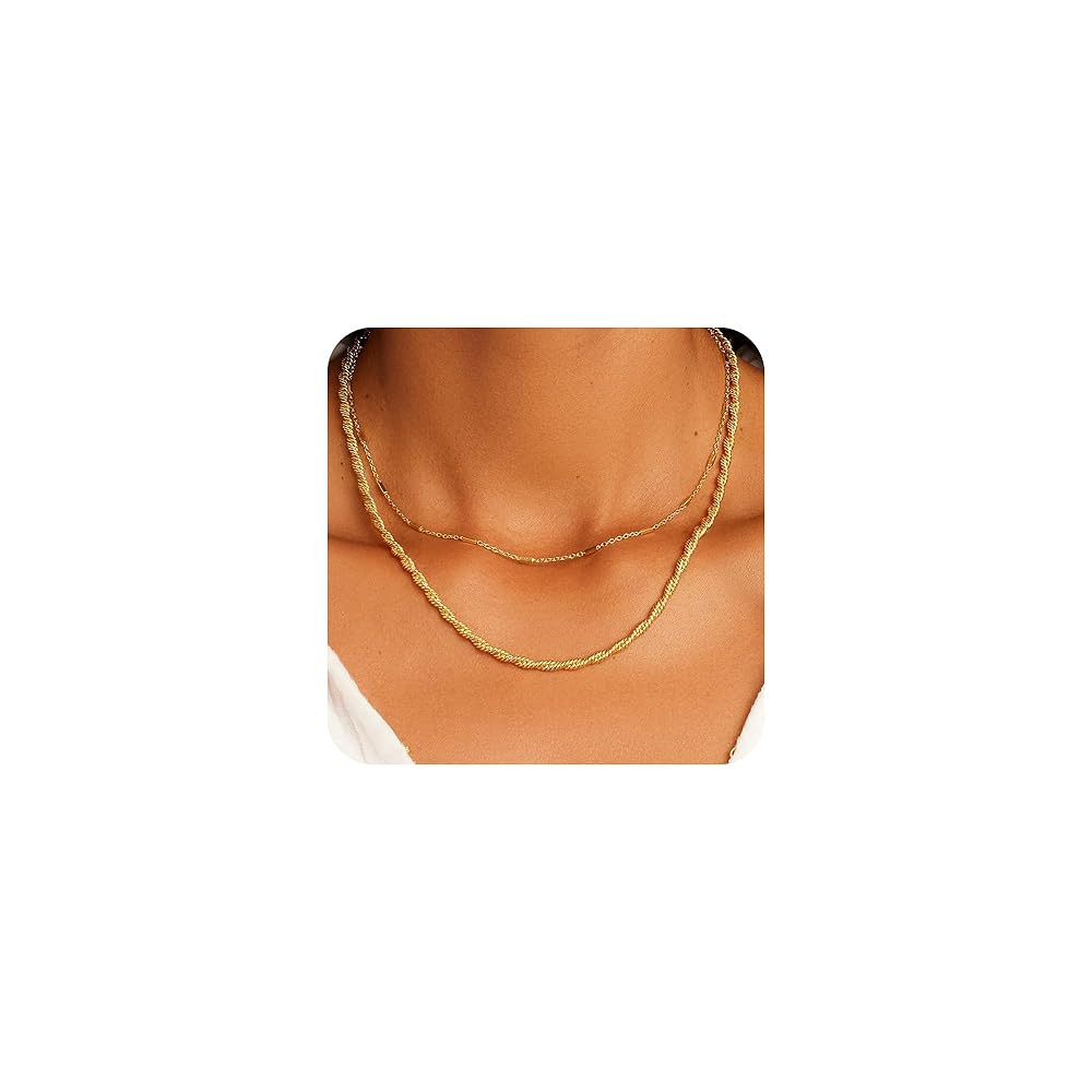 Layered Gold Necklaces for Women - 18K Gold Plated Herringbone Paperclip Chain Pearl Cuban Twist ... | Amazon (US)