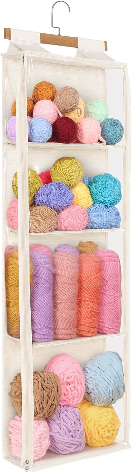 Beige Hanging Yarn Storage with 4 Large Pockets, Clear Knitting Organizer Storage with Zippers fo... | Amazon (US)