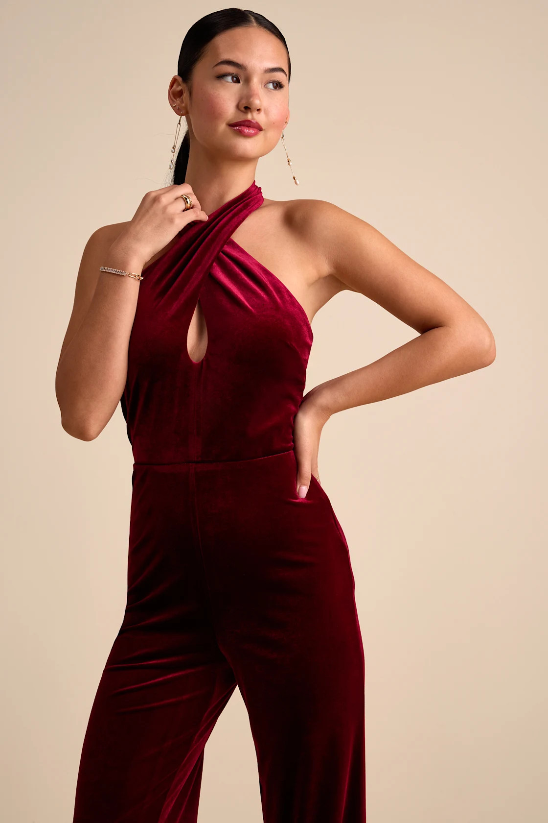 Yvania Burgundy Velvet Cross-Front Halter Jumpsuit | Lulus