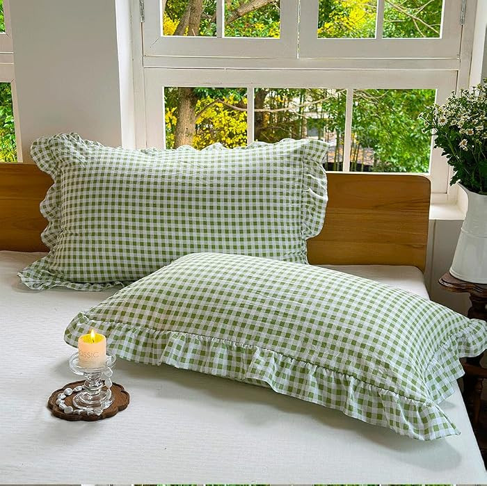 NSNLGSGC Sage Green Ruffled Plaid Gingham Standard Size Pillow Shams 20"x26", Set of 2 Checked Pr... | Amazon (US)