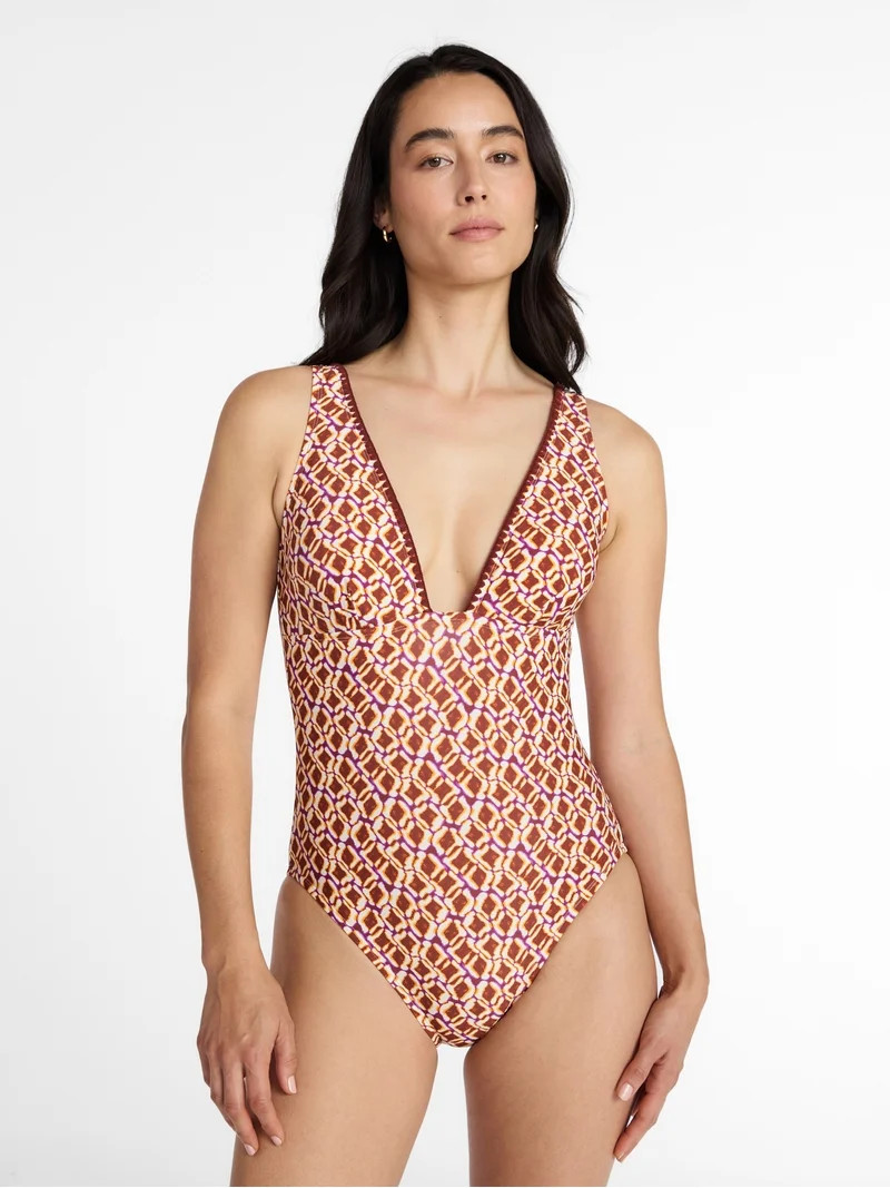 Time and Tru Women's and Women's Plus Shell Stitch Plunge One-Piece Swimsuit, Sizes XS-3X | Walmart (US)