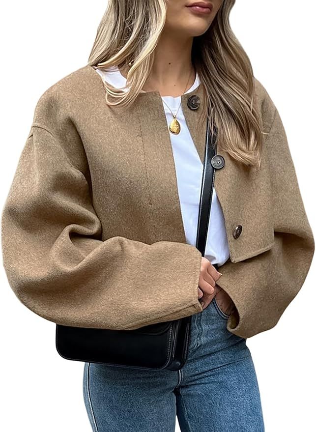 Yimoon Women's Cropped Wool Blend Jacket Casual Long Sleeve Button Down Coat Outwear | Amazon (US)
