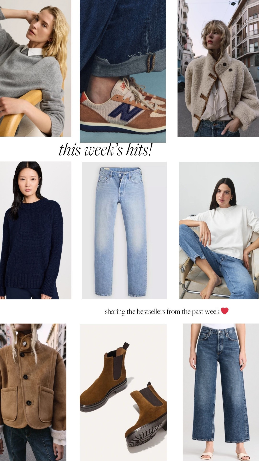 So many fun picks this week. Some hero items but some great newness mixed in too. 

Outerwear: we move a lot of outerwear this week with the Zara reversible ringing in at the week’s #1 best seller. Sezane Clyde coat selling well too which makes me happy. Love it so much. 

Denim: Legacy best sellers. Levi’s 501 90’s such a quality, flattering pair of jeans for less than $100! AGOLDE Rens, my favorite wide leg pair of jeans. AGOLDE 90’s my #1 most worn pair of jeans. 

Sweaters: My favorite Cableknit this year is from Gap. J. Crew roll neck is sold out but they are accepting pre-order. Such a beautiful sweater that had serious peak vintage J. Crew vibes with a modern twist. La Linge Marin sweater is an investment piece but well worth it. I gets asked about mine every single time I wear her. 

Shoes: Sezane New Balance collab is sold out but set an alert in case they come back. Madewell Mylar flats and Margaux Chelsea boots will be some of my most worn shoes this Fall. 

Also loving my AYR Half Day long sleeve jersey is lighter than a sweatshirt and heavier than a t-shirt. Truly a favorite for coffee runs, school drop off and everything in between. 



#LTKOver40 #LTKStyleTip #LTKSeasonal
