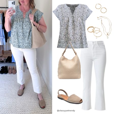 Early Spring Outfit 🌸 

Lucky Brand Smocked Top
Mother Hustler white jeans
Spanish Sandal Co. Ecru Nubuck Sandal
Tommy Bahama jewelry
Naghedi Hobo Shoulder Bag