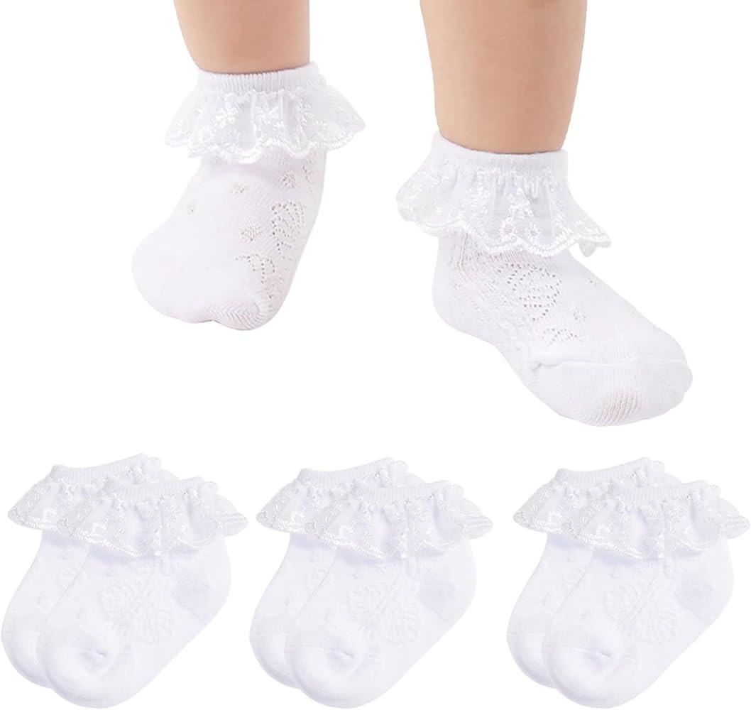 Baby girls Socks Ruffle Eyelet Lace Socks Infant Frilly White Dress Socks For Newborn | Amazon (US)