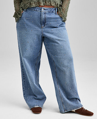 Trendy Plus Size Studded High-Rise Wide-Leg Jeans, Macy's Exclusive | Macy's