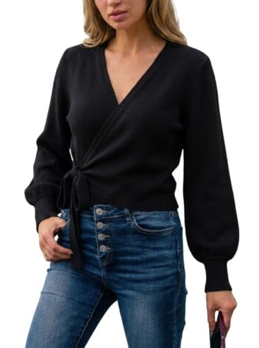 ZAFUL Women’s Wrap Sweater Tie Front Cropped Cardigan Lantern Sleeve Top | Amazon (US)