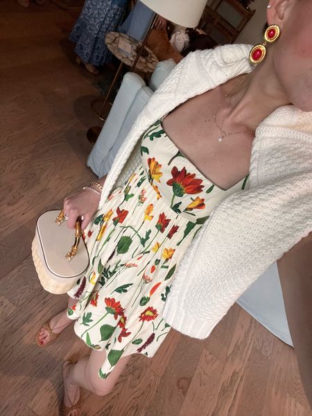 Floral summer dress cable knit sweater strappy heels bamboo wicker bag

#LTKSeasonal #LTKItBag #LTKStyleTip