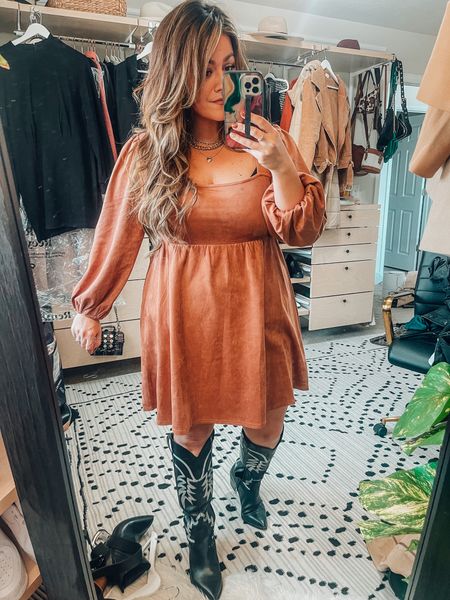 So in love with this stretchy faux suede dress for fall! Size xl (code 20TARYN) 
Western boots linked a lot wide calf option 

#LTKstyletip #LTKcurves #LTKSeasonal