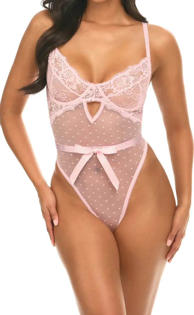 Oh La La Cheri Josie Lace Trim Dotted Mesh Teddy | Nordstrom | Nordstrom