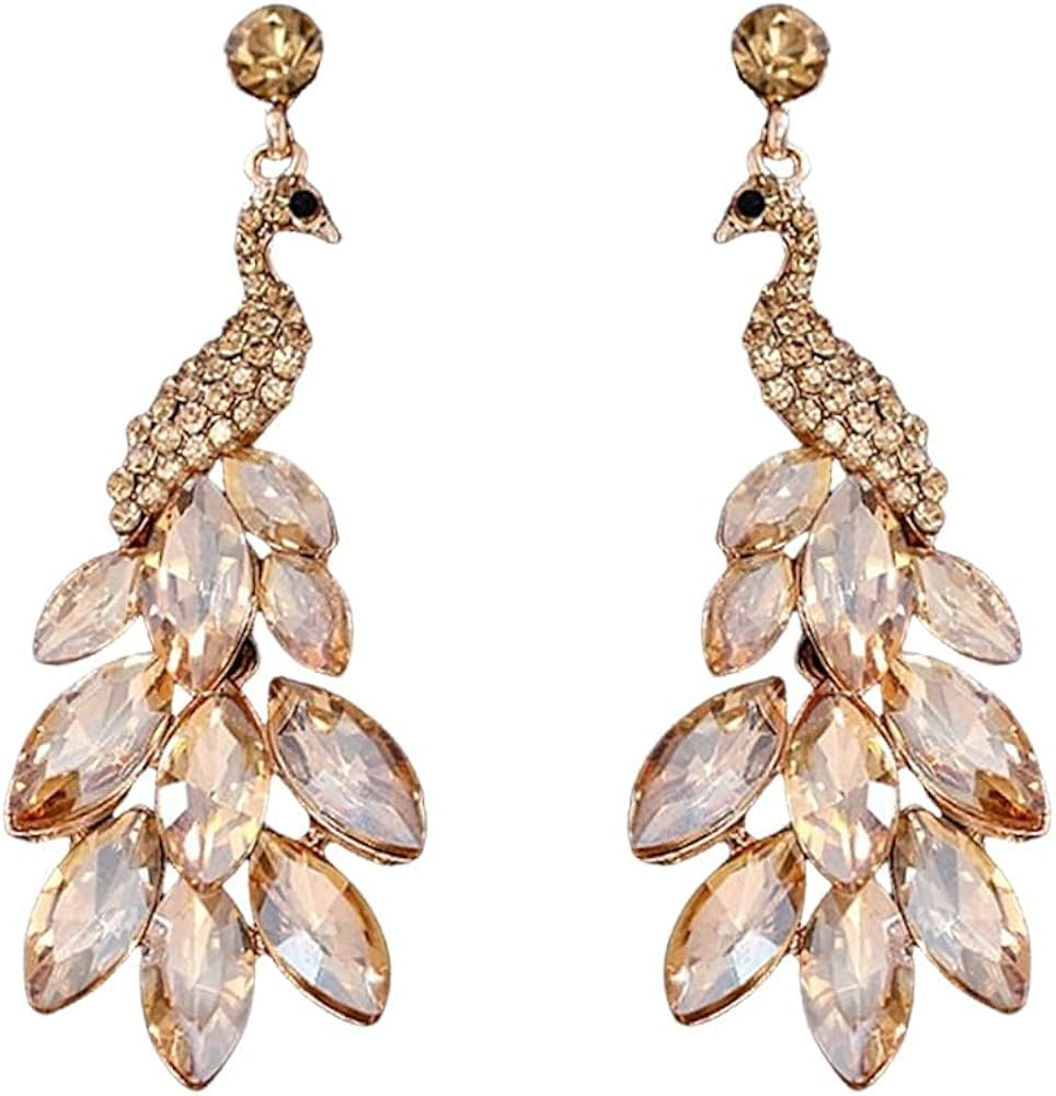 Vintage Peacock Dangle Earrings for Women 14K Gold Plated Green Crystal Feather Peafowl Statement... | Amazon (US)