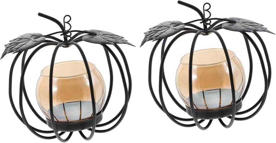 VOSAREA 2pcs Wrought Iron Pumpkin Candle Holder Black Trim Wooden Decor Black Decorations Flower ... | Amazon (US)
